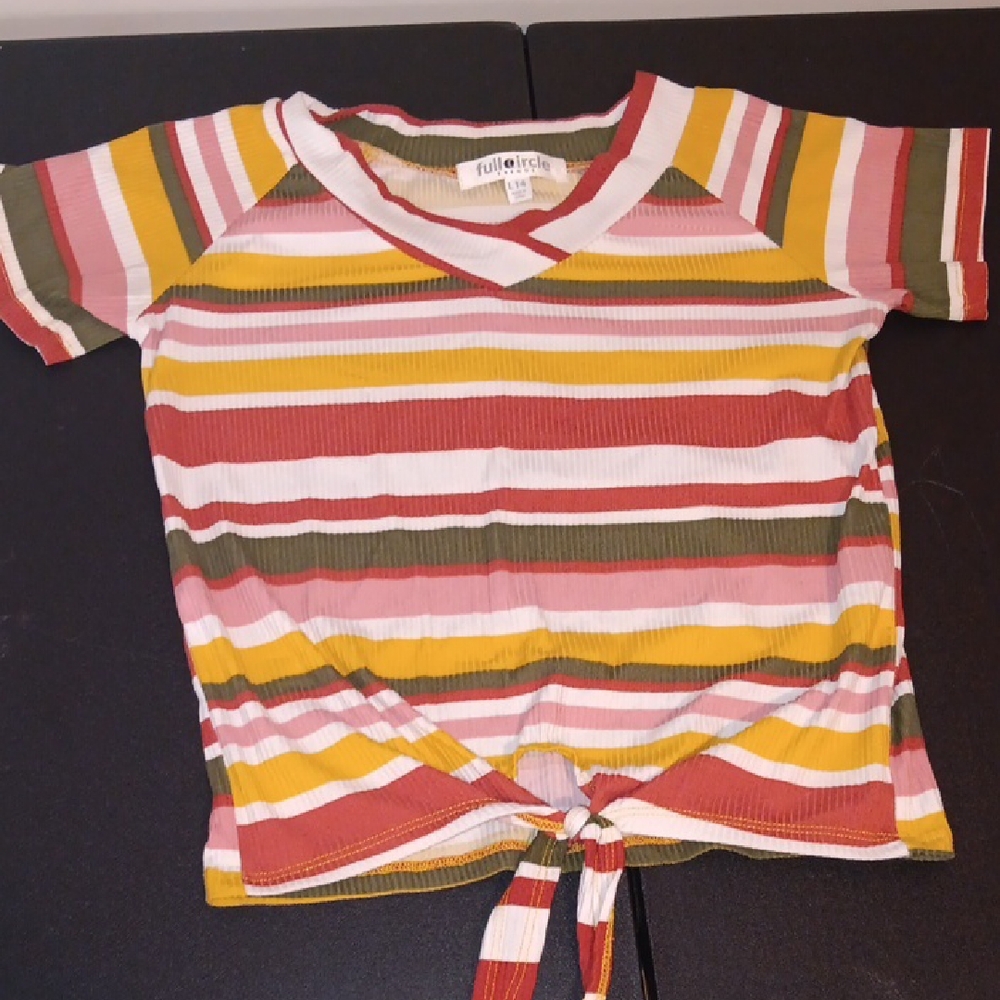 Red and Yellow Striped Short Sleeve Tee with Tie-Front